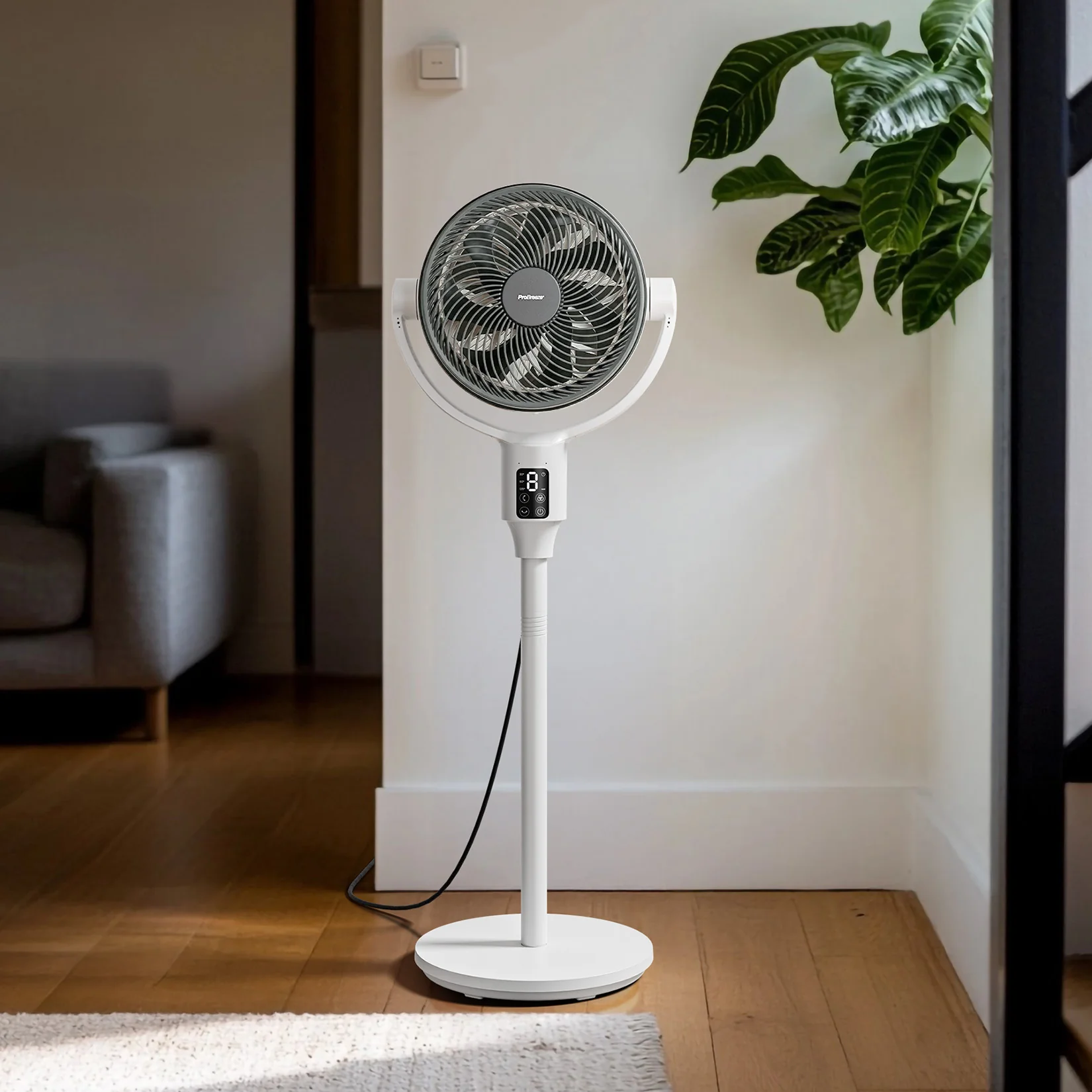 AirFlo Plus™ 44" Smart Hybrid Pedestal Fan - Ultra-Quiet Air Circulator - White/Grey - Image 3