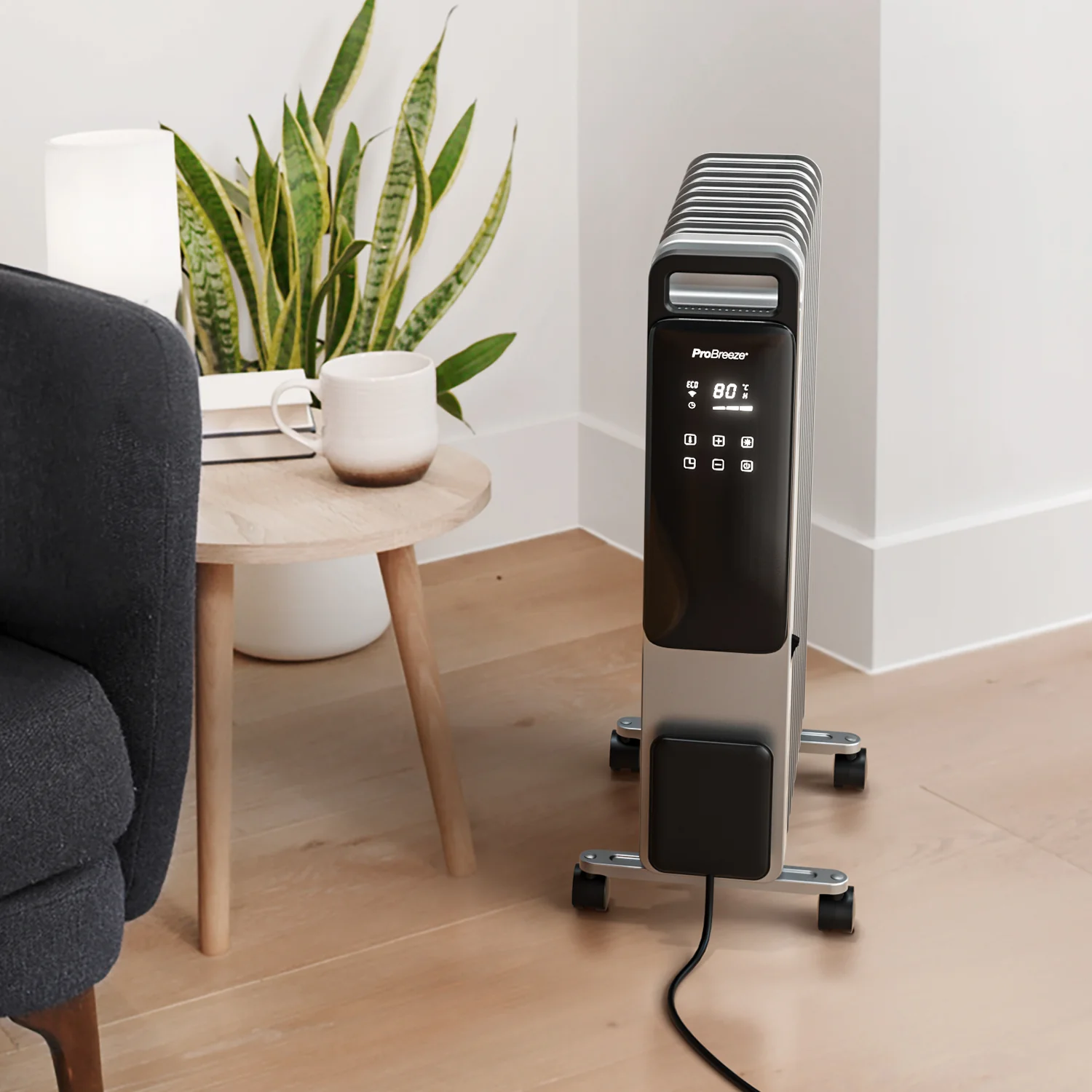 OmniWarm 2500W Oil Filled 11 Fins Eco Radiator Heater With Digital Display and Smart App Control - Silver - Image 3